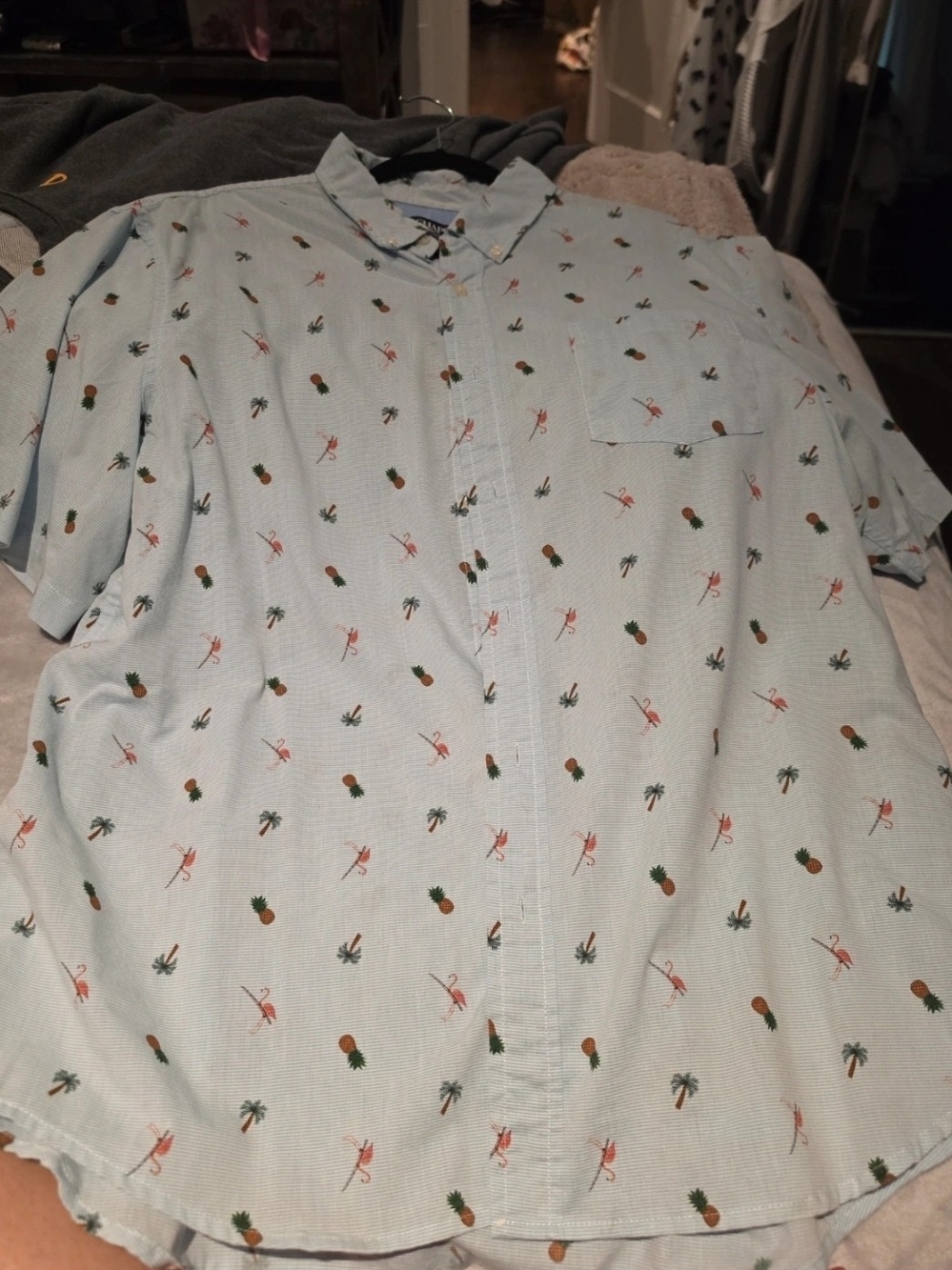 Chaps Light Blue Short-Sleeve Button-Down with Pineapple & Flamingo Print